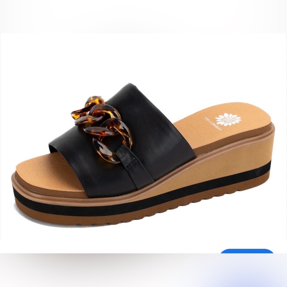Yellow Box Black Slide Mules with Tortoiseshell Chain Accent